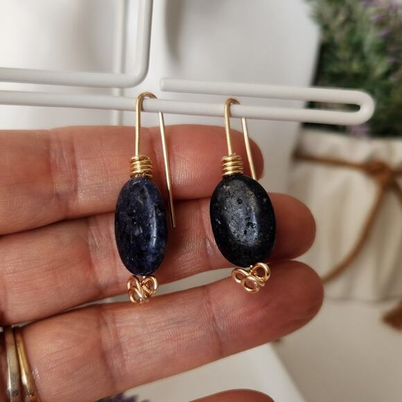 Blue Sodalite Stone Gold Wire Dangle Earrings / Minimalist Boho Style Earrings - Picture 7 of 11